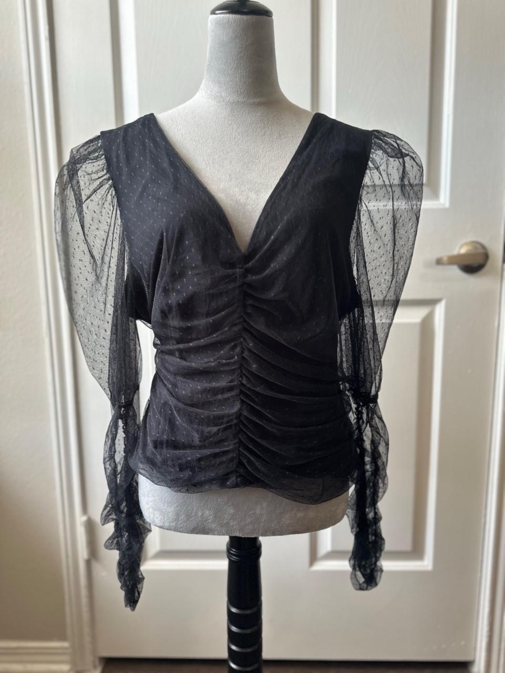 Maeve by Anthropologie Sheer Dot Mesh Ruched Puff Sleeve V Neck Top Black XL
